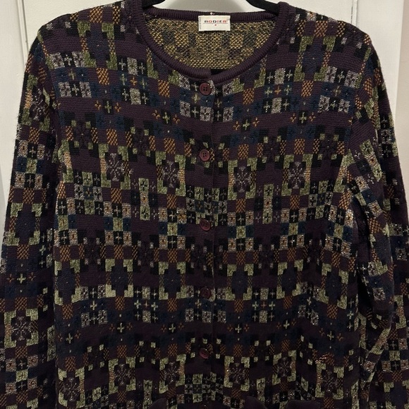 VTG Rodier France Purple Printed Wool Blend Cardigan Sweater Jacket Size XL - Picture 3 of 8